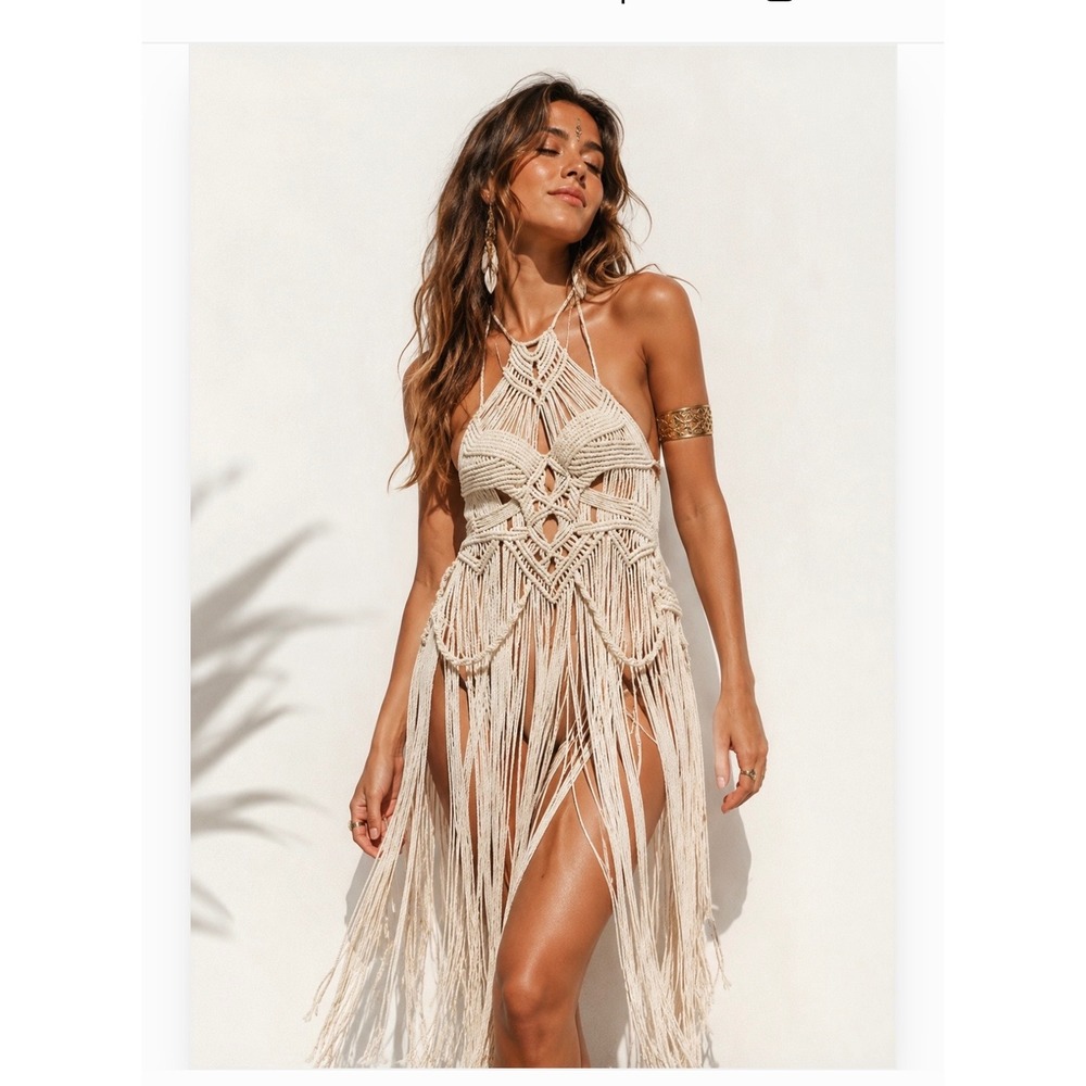 Handmade Macrame Halter Fringe Dress Cream Boho Festival Beach Coverup SMALL